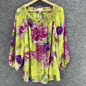 Charter Club Blouse Women 16 Yellow Floral Long Sleeve Round Neck Pullover